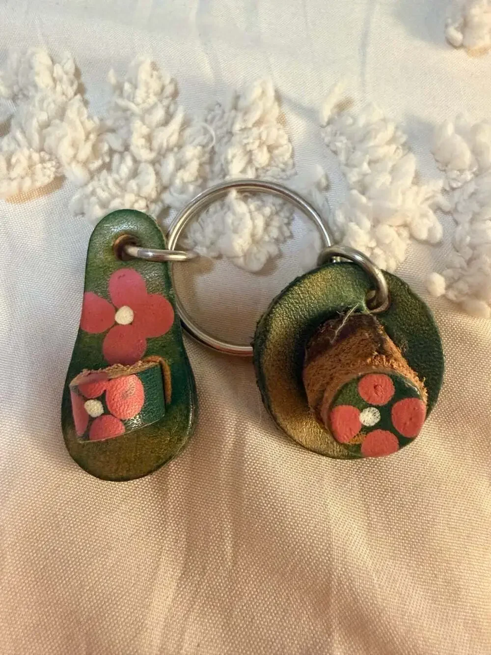 Vintage Handmade Leather Flower Sandal And Hat Mexico Souvenir Keychain